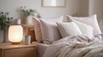 Bedroom with a bed in the center. the bed has a wooden headboard and is covered with a light pink comforter and several white pillows.