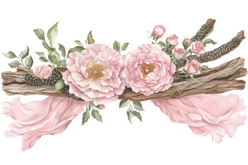 Floral display pink blossoms, wood, greenery, soft drapery