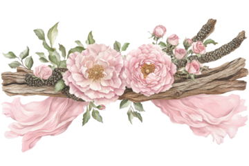 Floral display pink blossoms, wood, greenery, soft drapery