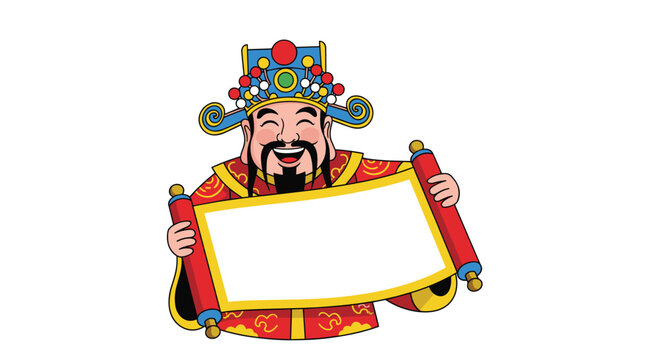 Chinese god of wealth caishen holding a large blank parchment scroll for custom messages during the traditional lunar new year celebration period.