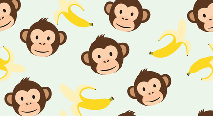 Naklejka premium Cute seamless pattern of brown monkey faces and yellow peeled bananas on a pale green background for kids design.