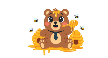 Obraz premium Cute brown bear wearing a tie sitting with honey pots, a honey dipper, and bees buzzing around him.