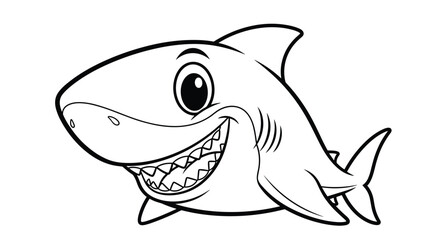 Fototapeta premium Friendly cartoon shark with a big smile and sharp teeth showing for a children's coloring book illustration.