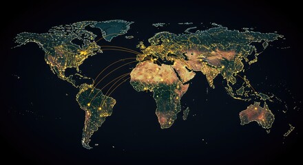 A world map at night with city lights and lines connecting major urban areas