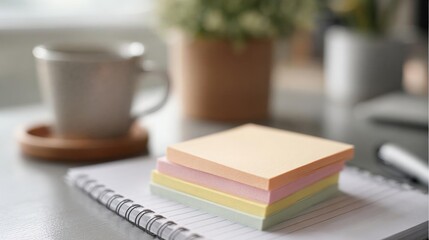 Naklejka premium Desk with a notebook and a stack of colorful sticky notes on it. the notebook is open and the sticky notes are stacked on top of each other.