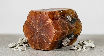 A collectible geological specimen of a brownish aragonite star twin crystal with a characteristic pseudohexagonal cyclic twinning.
