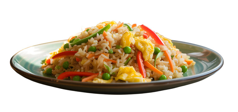 Flavorful vegetable fried rice served attractively on a speckled ceramic plate with no background on transparent background
