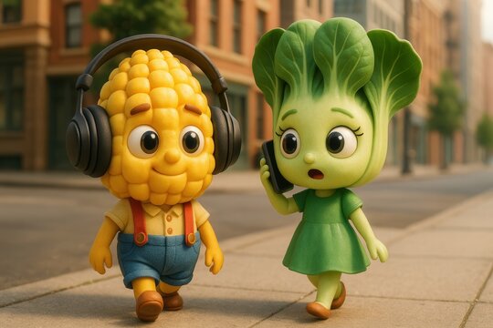 Cartoon corn and bok choy walking down a city street.