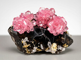 Druse of rare rose quartz crystals featuring distinct prismatic terminations on a massive quartz base.