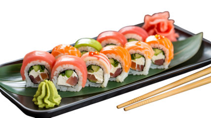 Beautifully presented assortment of colorful sushi rolls with fresh ingredients served on a dark platter ready for eating.