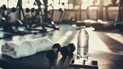 Gym setup with dumbbells, water bottle, towel, and phone ready for workout session in bright fitness center