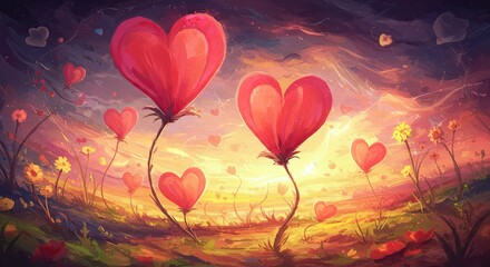 A vibrant digital artwork of heart-shaped balloons floating in a colorful sunset landscape with a field of grass and smaller hearts