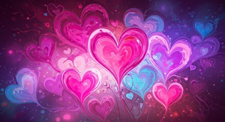 A vibrant digital artwork featuring a cluster of colorful hearts