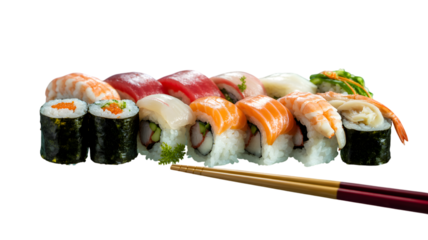 Assortment of delicious fresh sushi rolls and nigiri featuring shrimp tuna and salmon on transparent background