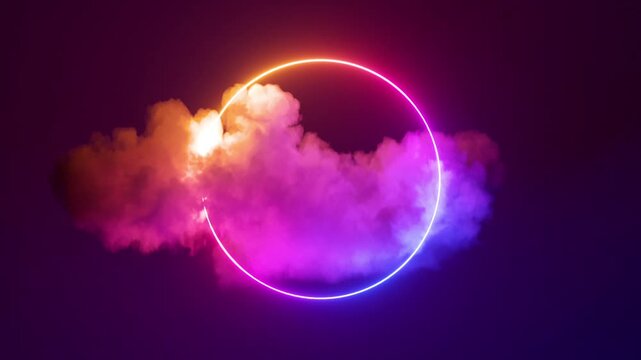 cycled 3d animation. Glowing neon ring and illuminated thunder cloud spins and rotates endlessly. Abstract round frame, laser line in the sky