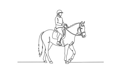 Fototapeta premium Equestrian rider on horse in continuous line drawing style, isolated on white background