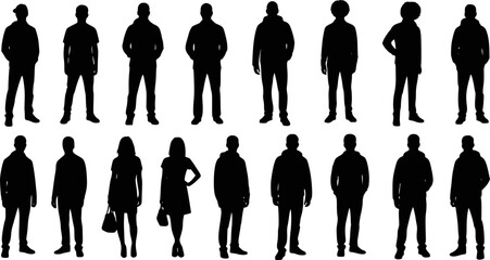 Vector silhouettes men and women, illustration. Silhouettes of young people posing in casual clothes. Transparent background EPS version.