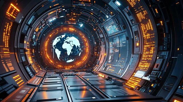 A futuristic spaceship tunnel leads to Earth, glowing in orange and blue hues.