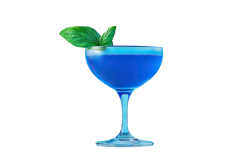 Blue cocktail in coupe glass, garnished with basil leaves