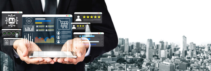 A business professional displays a smartphone featuring digital marketing elements, showcasing AI technology and analytics against a contemporary urban skyline backdrop. Gantry