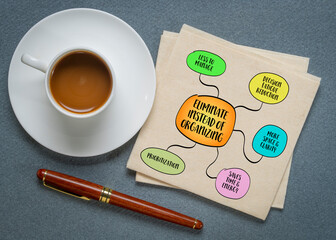 Eliminate instead of organizing, reducing clutter - whether physical, digital, or mental - is more effective than constantly reorganizing it. Infographics sketch.