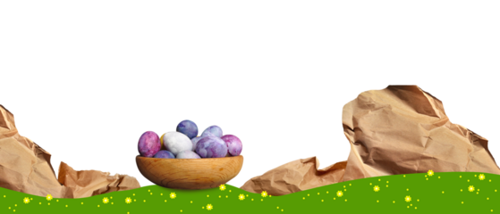 Easter mountain landscape background. Basket of painted eggs, meadow, flowers, green tree branch on top, paper mountain peaks in the back, isolated. Conceptual sustainable spring greetings card. PNG