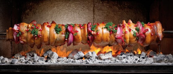 Roasting whole pig on a spit over hot coals during a festive gathering at a backyard barbecue setting in the evening