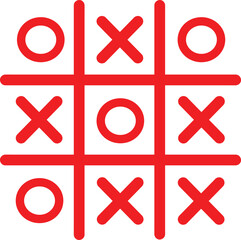 Simple red and white tic tac toe game board showing a close match with multiple x and o markings clearly visible.