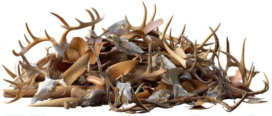View of deer antlers and skulls stacked together on a plain white background with no shadows present in the scene