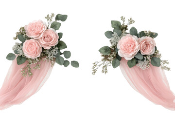 Floral arrangements w/ soft pink roses & draped fabric