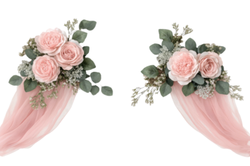 Floral arrangements w/ soft pink roses & draped fabric