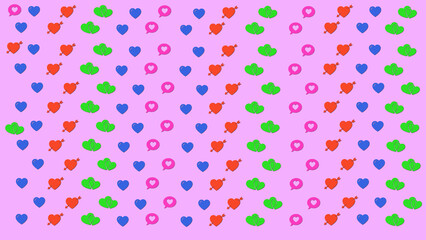 Vibrant heart and speech bubble pattern on purple background