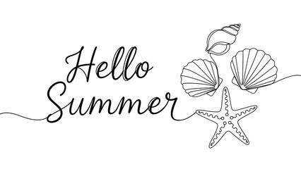 Hello summer one line drawing with seashells and starfish