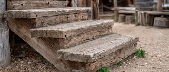 View of a spiral staircase with wooden steps and warm colors in a rustic setting surrounded by natural elements and detailed textures
