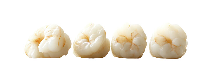 Four lychees in a row on a dark background