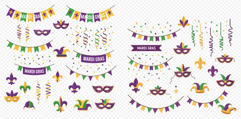 Mardi Gras celebration elements set with masks, garlands, confetti, and fleur de lis symbols for festive designs. © ArtLuna Studio