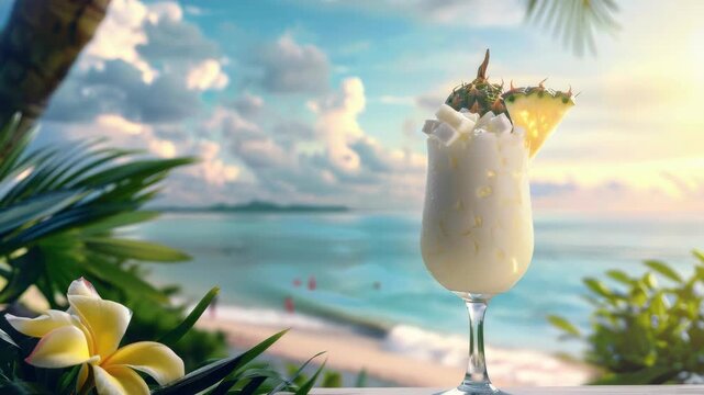 Drink with pineapple slice and decorative garnish overlooking ocean.