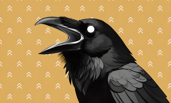 Striking stylized black raven cawing loudly with open beak against a yellow chevron pattern.