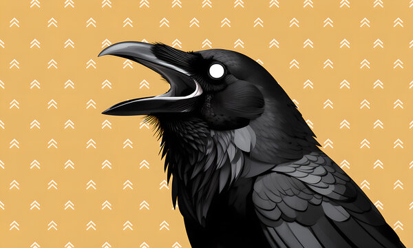 Dramatic stylized black raven cawing with open beak against a vibrant yellow chevron patterned background illustration.