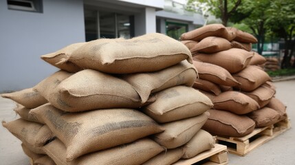 Stacks of sandbags arranged on pallets inside a warehouse with ample space for additional text or graphics
