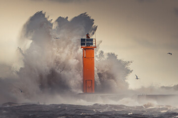 Lighthouse Surrounded by Stormy Waves with Seagulls