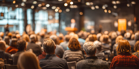 Audience attending a seminar or presentation in a modern conference room with a speaker in front and blurred background