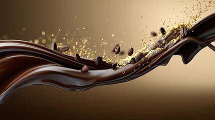 Chocolate liquid splashes in a bold pattern create a dynamic scene with coffee beans and golden particles on a neutral background