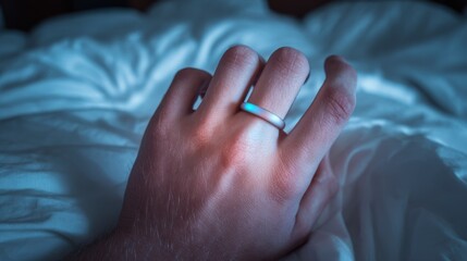 Fitness ring on a finger monitoring calorie burn and sleep quality subtly glowing in a dimly lit bedroom.