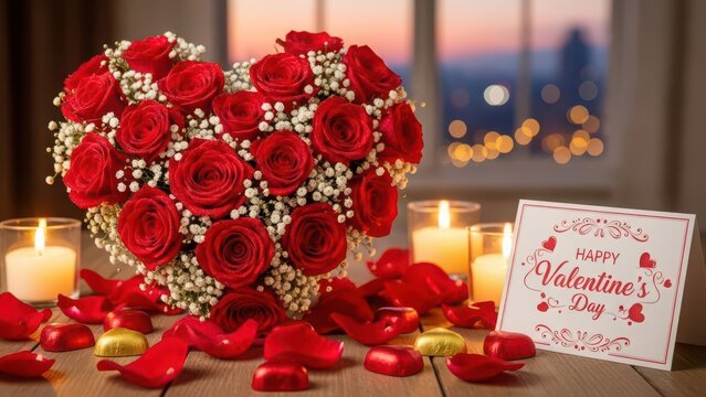 Happy valentines day heart shaped roses flowers candles romantic setup