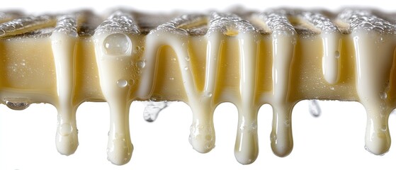 Dripping white chocolate flowing on a clear surface with focus stacking and depth effect captured in a studio setting at any time of day