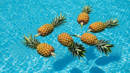Pineapples Floating in Blue Swimming Pool Summer Background