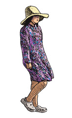 Young couple chinese people in hats walking together on summer day, realistic sketch, vector illustration