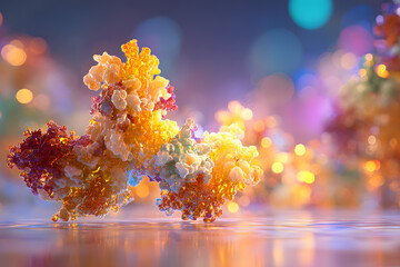 Colorful protein structure shown against a blurred background with bright spots of light during a scientific study