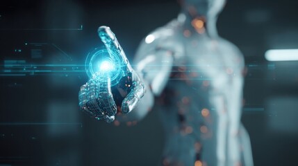 Metallic robot hand interacting with a glowing blue futuristic interface